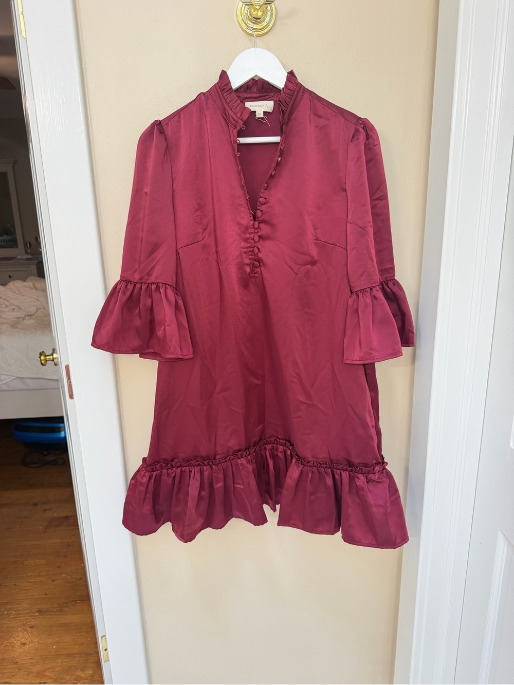 Ruffled V-Neck Satin Tunic Dress in Wine by Double A